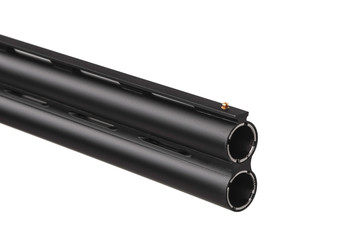 Classic vertical double-barreled hunting rifle isolate on a white back. Smoothbore weapon with a wooden butt for hunting, sports and self-defense.