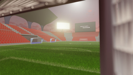 Fototapeta na wymiar 3D Rendering of large soccer stadium during twilight with pack of crowd and green smooth grass field. empty seat. Restart season. Lockdown sport. coming soon, cancelled, restart season