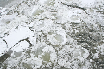 Broken ice texture in the river Danube. Climate change.