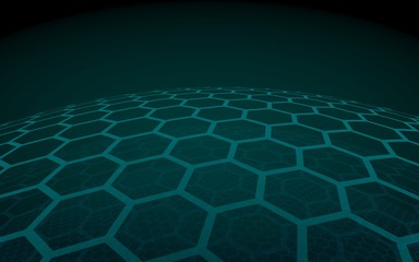 Multilayer sphere of honeycombs, green on a dark background, social network, computer network, technology, global network. 3D illustration