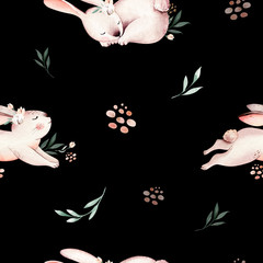 Cute baby rabbit animal seamless Easter pattern pussy-willow, forest bunny illustration for children clothing. Nursery Wallpaper background Woodland watercolor Hand drawn image for cases design, 