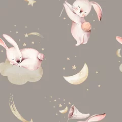 Fotobehang Slapende dieren Schattige baby konijn dierlijke droom illustratie komeet met gouden sterren in de nachtelijke hemel, bos konijntje illustratie voor kinderkleding. Kwekerij Behangposter Bos aquarel