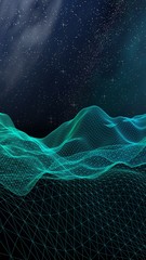 Abstract landscape on a dark background. Cyberspace grid. hi tech network. Outer space. Vertical orientation. Starry outer space texture. 3D illustration