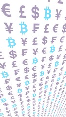 Bitcoin and currency on a white background. Digital crypto currency symbol. Business concept. Market Display. 3D illustration