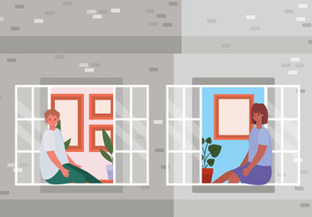 People looking out the windows from gray house vector design