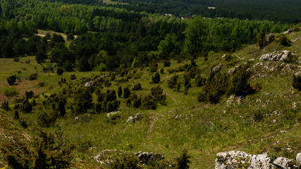 Fototapeta premium View of the Sokolich Mountains Reserve and rock stones in Olsztyn. A free space for an inscription