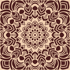 Beige pattern, decorative, abstract, oriental style, symmetrical pattern in the form of a square. Suitable for curtains, wallpaper, fabric, tile, wrapping paper.