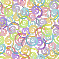 Rainbow seamless pattern. Hand drawn spirals on white Background. Watercolor illustration. Curls digital paper. For kids creativity, wallpaper, scrapbooking, packaging, wrapping, fabrics