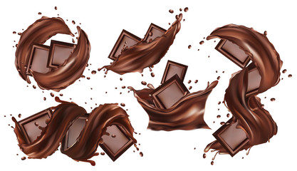 Chocolate bar, cocoa butter, pastry sweets with splashing and whirl chocolate liquid. 3d Realistic chocolate. Pieces of chocolate, which with drops on white background. Set illustration