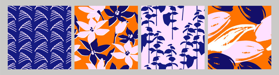 Stoffe zum Nähen Artistic set of seamless patterns with abstract flowers and leaves.