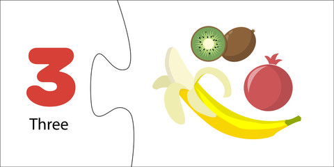 Number three, 3. score, learning numbers through fruits and vegetables. Elementary mathematics for children. game is puzzle. Banana, Pomegranate, Kiwi