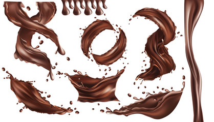 3D realistic splash of chocolate. Twisted dark chocolate with drop on transparent background. Set illustration