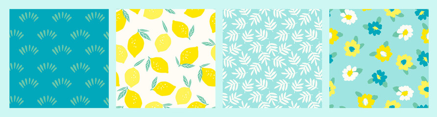 Artistic set of seamless patterns with abstract flowers and lemons.