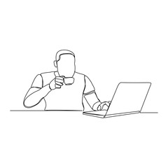 continuous line drawing of man sitting and work with laptop. single line art of remote worker. Vector illustration