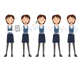 Multitasking business lady character set with different poses, emotions, gestures. Animation constructor: talking on phone, shocked from contract. Can be used for design, animation