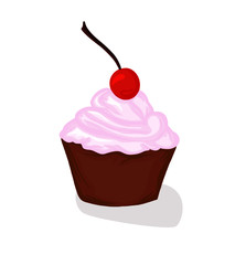 cupcake with cherry and cream vector color illustration isolate icon postcard banner advertising dessert muffin sweets baking pastry