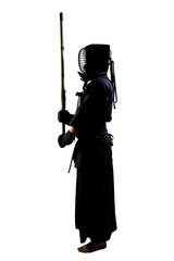 male in tradition kendo armor with shinai (bamboo sword). shot in studio. Isolated with clipping path on white background