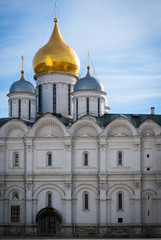 Beautiful white ancient church with golden domes in Moscow, Russia.