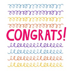 Congrats hand drawn lettering sign isolated on white background. Multicolored doodles. Fun design for card, poster, banner, print. Stock vector illustration.