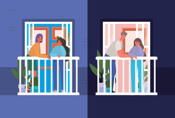 People looking out the windows with balconies from blue building vector design