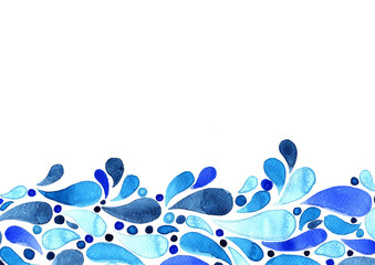 Abstract blue water drop shape watercolor hand painting frame background.