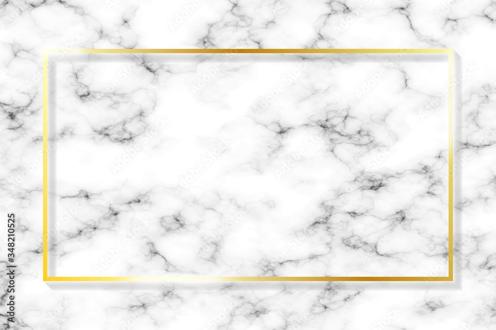 Poster Golden frame on marble background with shadow. Gold rectangle border with glow shine and light effect on marble. Vector illustration.