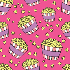 vector seamless pattern, jars of popcorn on a pink background