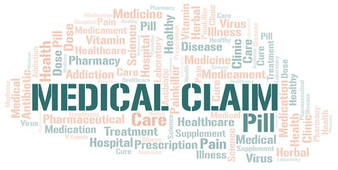 Medical Claim word cloud collage made with text only.