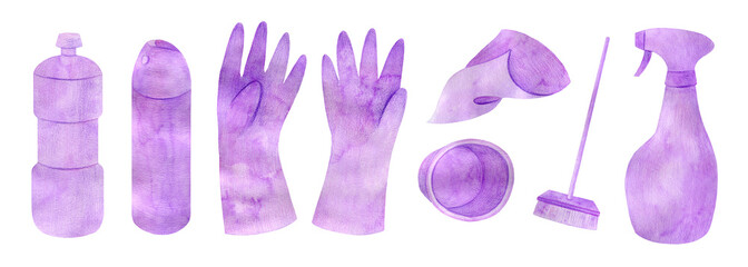 A watercolor illustration a set of items for spring cleaning. Unified color scheme. Violet elements on a white background.