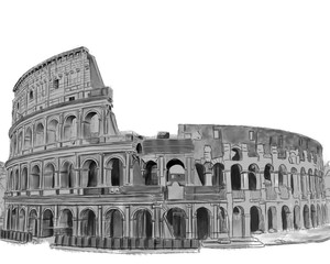 Hand drawn illustration of Colosseum in Rome, Italy. Black and white sketch style. Free style