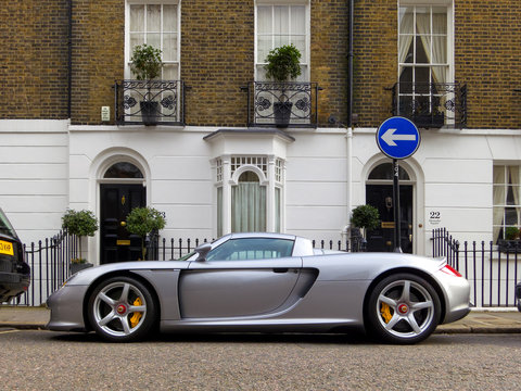 LONDON, UK - CIRCA MARCH 2013: A Porsche Carrera GT parked in the street. The Carrera GT is a mid-engined sportscar produced between 2004 and 2007.