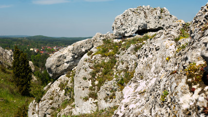 View of the Sokolich Mountains Reserve and rock stones in Olsztyn. A free space for an inscription