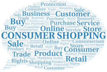 Consumer Shopping word cloud collage made with text only.