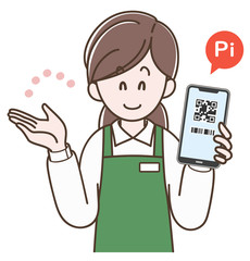 QRコード決済の案内をするエプロンの女性