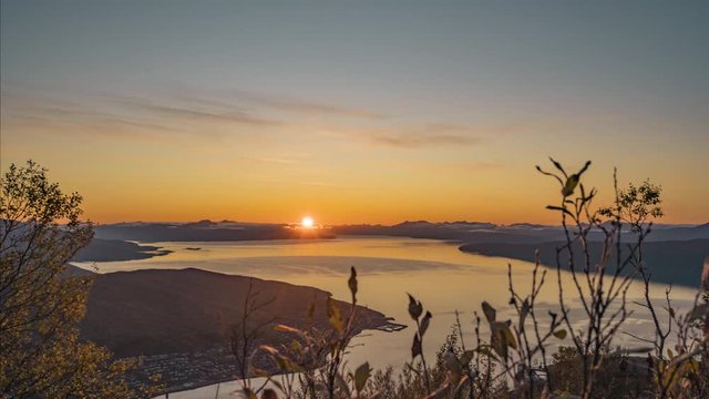Narvik Sunset in Narvikfjellet, vibrant forward moving sunset time lapse into the fjord in northern Norway