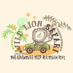 Hapyy little lion in the jeep safari adventure vector character illustration