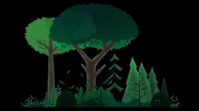Seamless loop. Group of trees, bushes and grass swinging in wind. Sunny green summer day. Animated vector illustration with brushes isolated on black background with alpha luma matte.