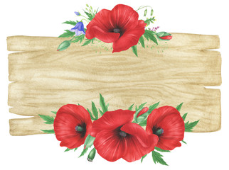 Wooden sign with floral arrangements of red poppies and wildflowers, watercolor painting