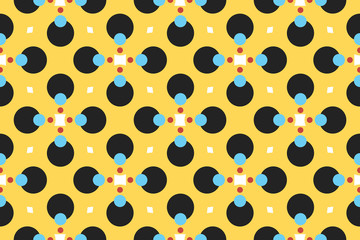 Seamless geometric pattern, texture or background vector in yellow, black, blue, red, white colors.