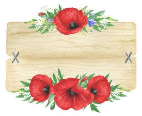 Wooden sign with floral arrangements of red poppies and wildflowers, watercolor painting