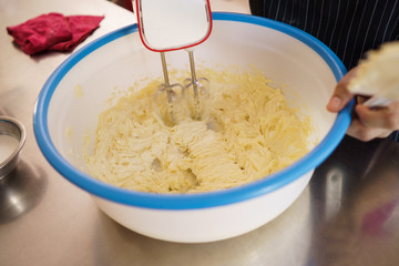 mixing dough flour to make a cake dessert