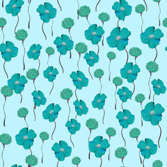 Hand drawn bouquet of poppies and clover. Floral seamless pattern.