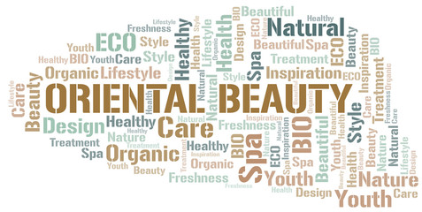 Oriental Beauty word cloud collage made with text only.