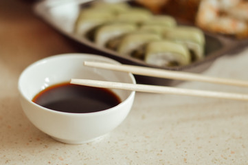 sushi with chopsticks