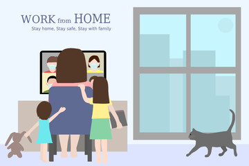 Woman is works from home and has kids playing around. Video conference with colleagues. Stay at home during the covid-19 epidemic. Remote work from home during Quarantine.family together with cat.