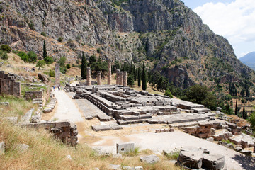 Mountain landscape. Ruined ancient building on a background of mountains.