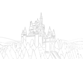 Castle on the hill. Hand drawn line art illustration