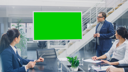 In the Corporate Meeting Room: Creative Director Uses Digital Chroma Key Interactive Whiteboard for...