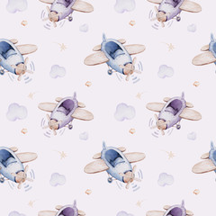 Watercolor purple illustration of a cute and fancy sky scene complete with airplanes and balloons, clouds. Baby Boy and girl pattern. baby shower, nursery design
