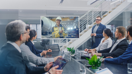 In the Conference Room Group of Directors, Investors and Businessmen Making Video Conference Call...